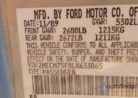 1990 Mercury Grand Marquis Ls from USA, damaged, VIN 2MECM75F8LX633065